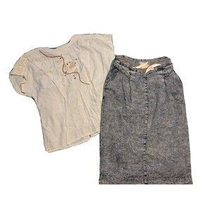 Vintage Marie St. Monet Patchwork Blouse Sz 8 Acid Washed Denim Skirt Sz 6 1980s